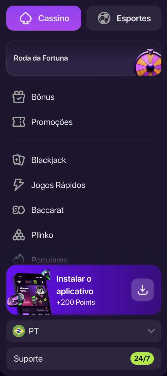 Menu lateral da MaxWin com o botão Instalar o aplicativo, +200 Points